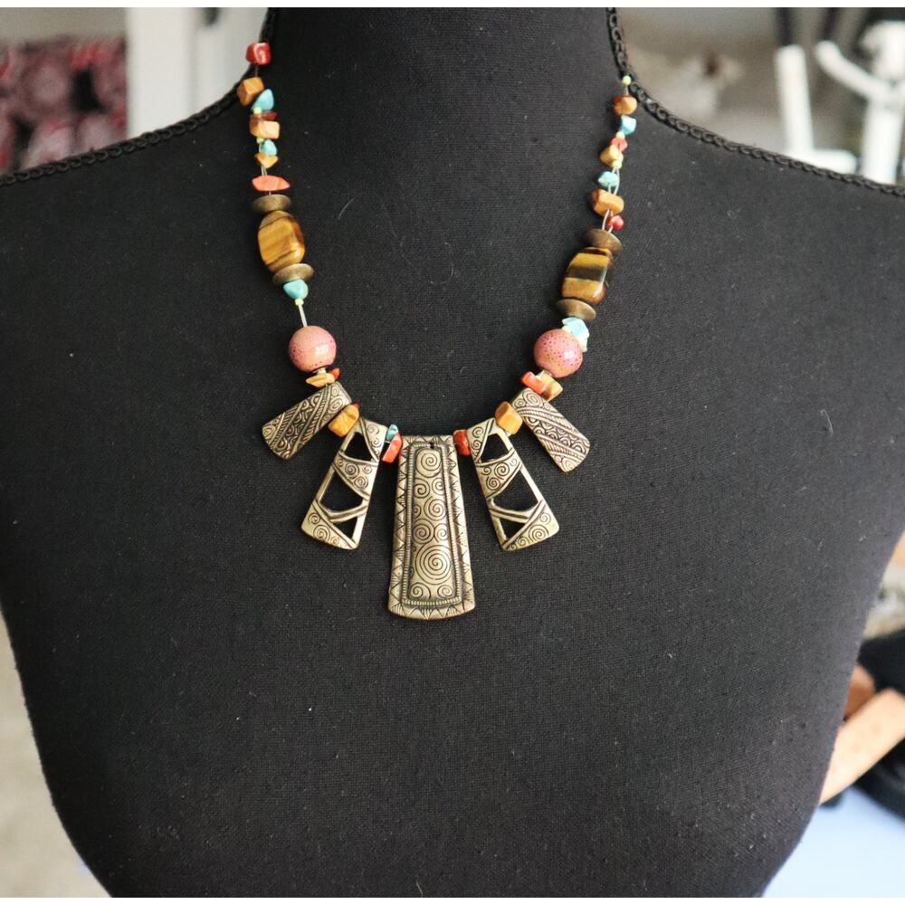 Vintage Ethnic Statement Bib Necklace Beads Brass Metal Turquoise Stones Boho